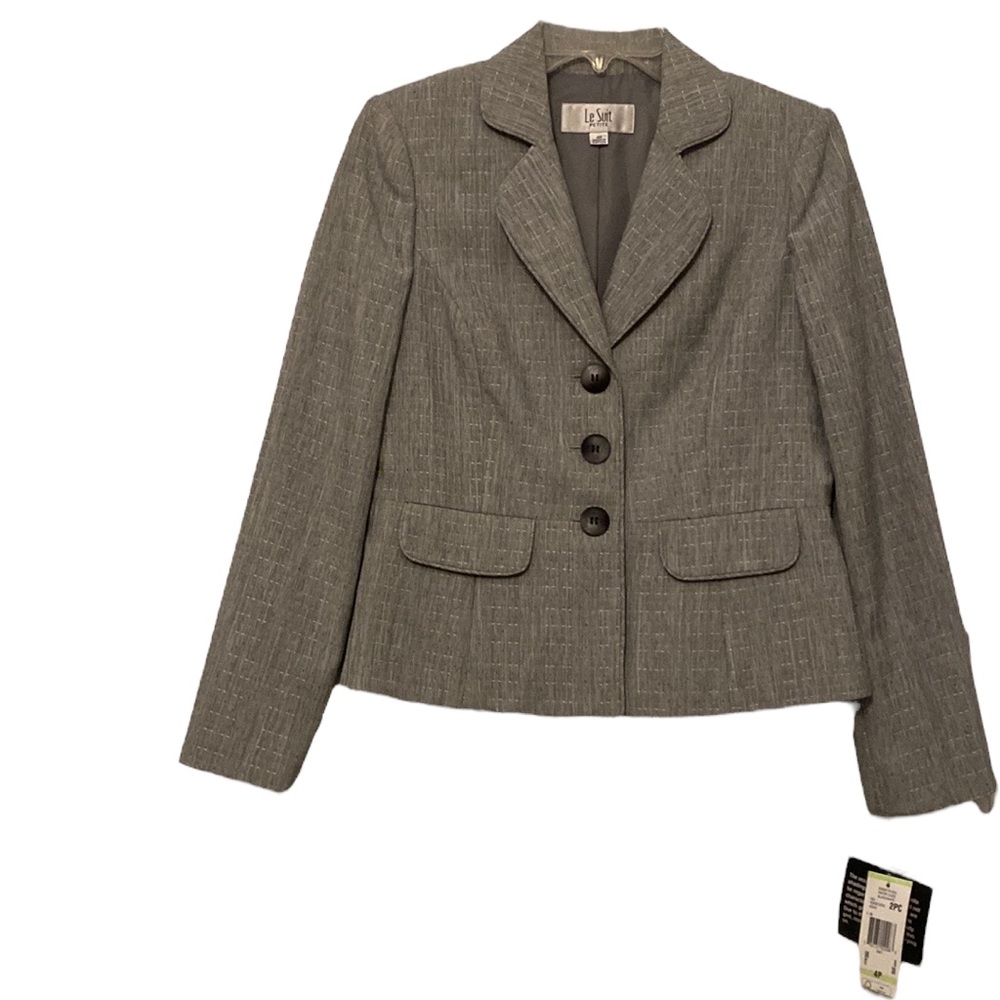 NWT Le Suit Dress Blazer Grey Black White Sz 4P